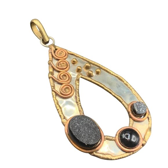 Brutalist Pendant Drop Shaped Mix Metal and Stones Large Handcrafted 70s Pendant - Picture 1 of 5